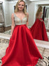 A Line V Neck Beadings Red Satin Prom Dress LBQ1305